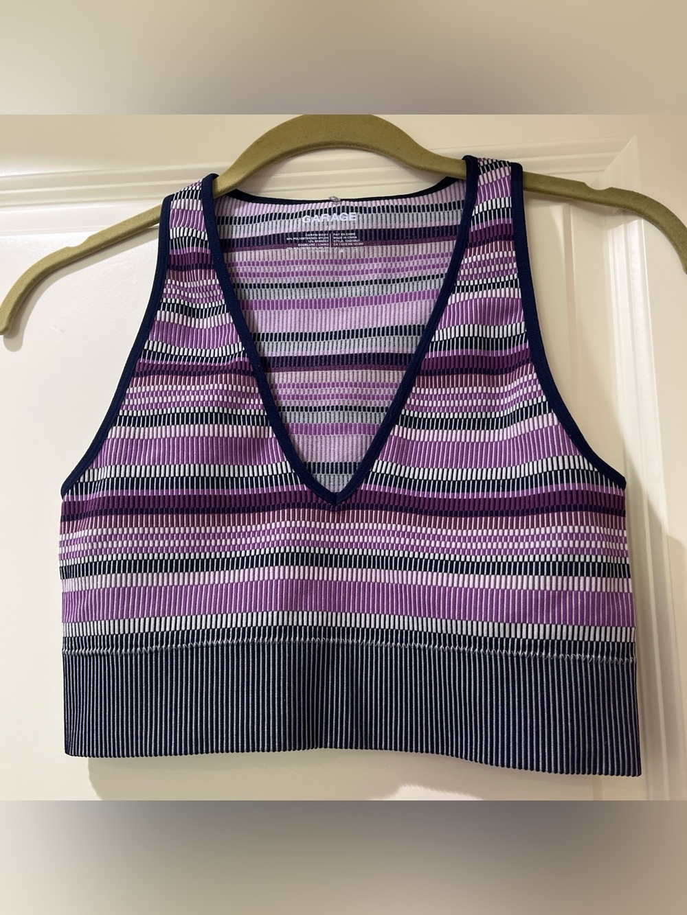 Striped V-Neck Knit Crop Tank in Purple and Navy